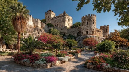 Obraz premium A majestic stone fortress rises above a lush garden path, serving as a scenic background for travel and history themes.