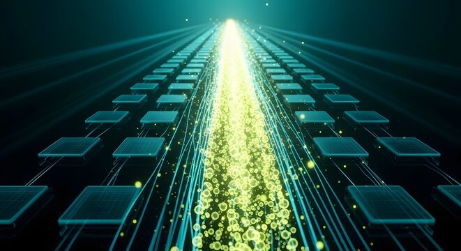Digital data flow through futuristic tunnel with glowing light rays and binary code