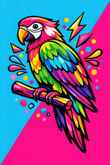 Obraz premium Colorful rainbow parrot perched on a branch in vibrant pop art style with playful geometric accents.