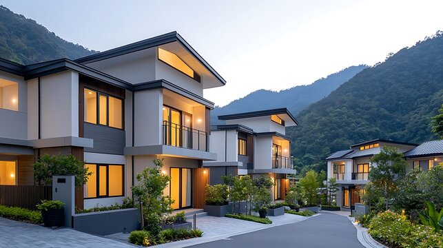 Modern contemporary residential houses with large windows and lush landscaping in a hillside community