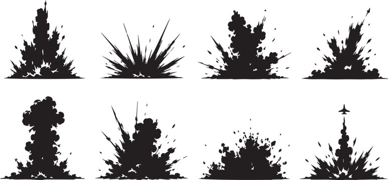 Set of Explosion Silhouettes Vector Illustration Collection for Comic Art, Action Scenes, and Motion Graphics Featuring Bomb Blasts, Smoke Clouds, Gunfire Effects, and Military Destruction.