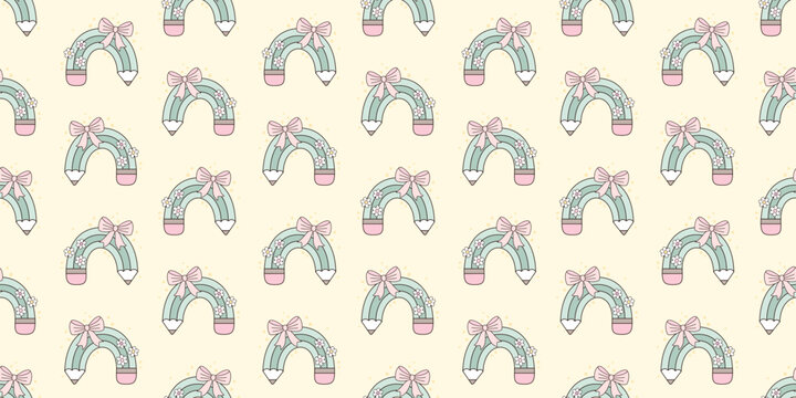 Coquette pencil bow seamless pattern. Retro school background. Back to school design. Kids vector illustration.