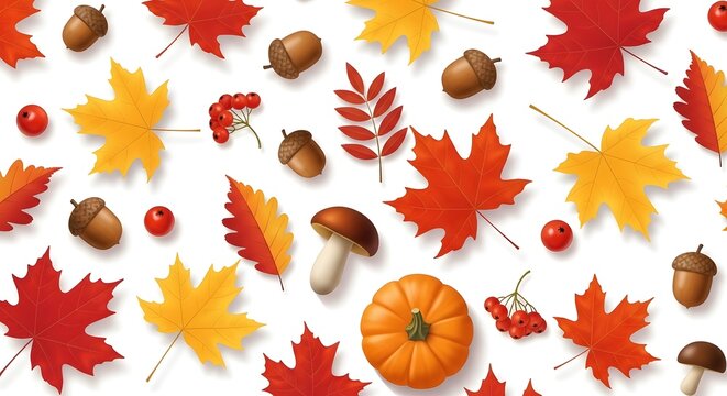 Autumn leaves acorns and berries seamless vector pattern on white background