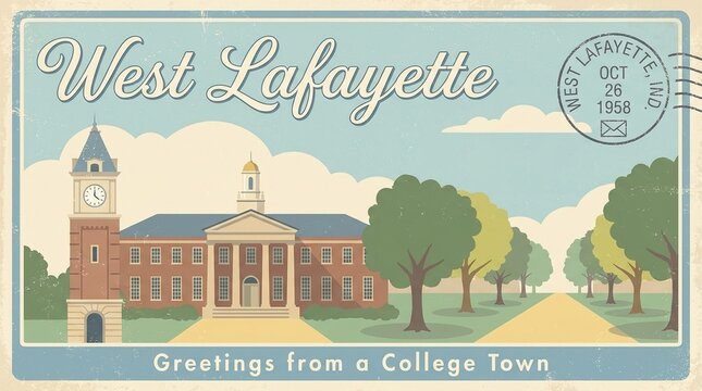 Vintage West Lafayette Indiana Postcard Illustration, Retro Greetings from a College Town with Classic University Campus Architecture and Clock Tower