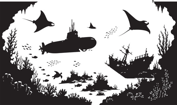 Silhouette Underwater Exploration Scene with Submarine, Shipwreck, Manta Rays, and Coral Reef in Minimalist Black and White Vector Art for Ocean Adventure and Marine Life Discovery Themes.