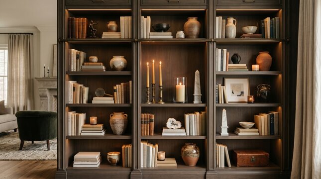 Elegant home library with illuminated dark wood bookshelves and curated decor