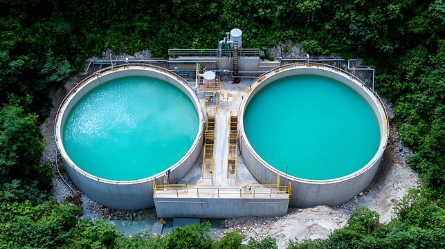 Aerial View of Two Circular Aqueducts with Clear Water in a Forest Environment
