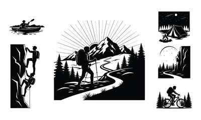 Fototapeta premium Outdoor adventure collection hiking camping rock climbing kayaking and mountain biking silhouettes
