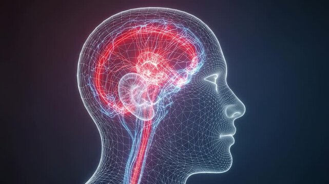 Neural Network Representation An intricate digital rendering of a human brain with glowing red neural pathways illustrating active thought processes or cognitive function set against a dark