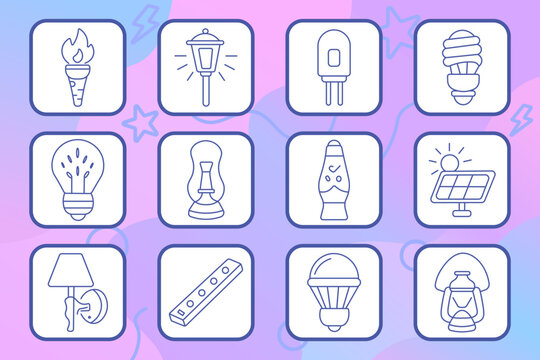 Lighting equipment set icon. Linear icons with torch flame, street lamp, plug adapter, spiral bulb, light bulb, oil lamp, lava lamp, solar panel, wall light, power strip, lantern, vintage lamp