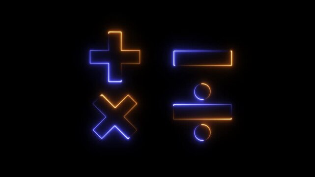 Glowing neon Mathematical operation icons including plus minus multiply divide symbols for calculator and education design.4k motion graphics video animation