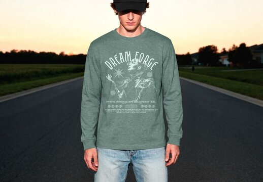 Green Longsleeve Mockup On Model For Streetwear Branding