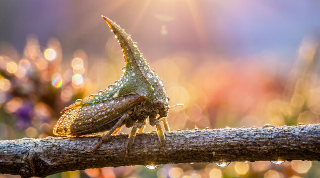 Treehopper Insect Covered with Dew in Colorful Meadow