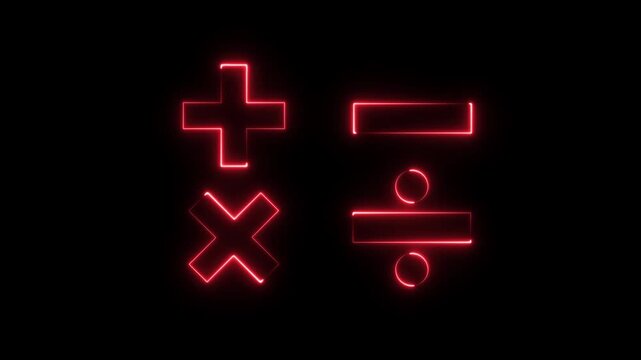 Glowing neon Mathematical operation icons including plus minus multiply divide symbols for calculator and education design.4k motion graphics video animation