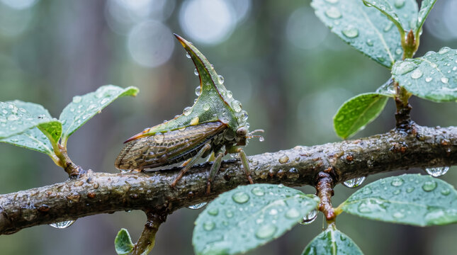 Treehopper Insect on Rain Covered Branch in Forest