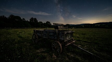 Fototapeta premium Old Wooden Wagon Under the Milky Way Night Sky