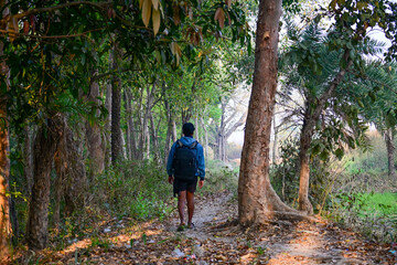 Obraz premium Young Explorer Walking Through Tropical Forest Trail with Backpack