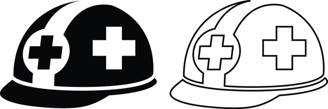 Medical construction safety helmet icon set with first aid cross, hard hat protection, emergency worker gear, black and outline isolated vector illustration