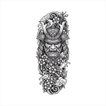 Japanese samurai mask tattoo design with cherry blossoms, ornamental clouds, traditional armor details, and intricate black and white line art vector illustration