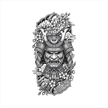 Japanese samurai mask tattoo design with cherry blossoms, traditional armor, ornamental clouds, and Asian-inspired decorative elements in detailed black and white vector style