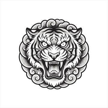 Fierce roaring tiger head surrounded by swirling clouds in traditional Asian tattoo style. Detailed black and white vector illustration with bold linework and ornamental design