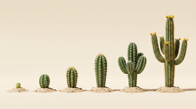 Minimalist high-quality cactus growth stages from small seedling to mature flowering saguaro on sand mounds with clean background. Ideal for progress, development, and success concepts.
