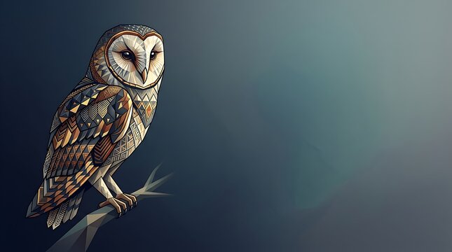 Geometric barn owl perched on a branch with empty background
