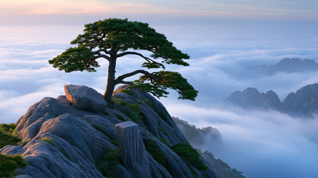 Ancient granite mountain lone pine tree misty valley sunrise light rocky cliff serene landscape evergreen tree foggy mountain dramatic sky high elevation