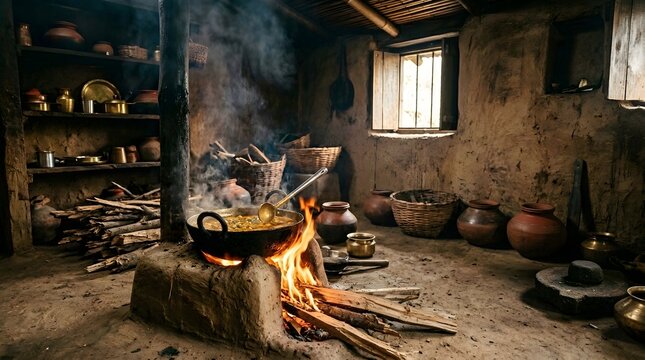 Traditional cooking inside rustic mud house with open fire.