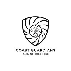 Naklejka premium Coast guardians minimalist shield with abstract spiral shell design for ocean rescue marine safety coastal security environment agency logo design