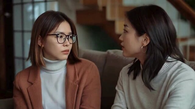 Two young women sit side by side indoors, resting their faces on their hands with thoughtful or pensive expressions. disagree video