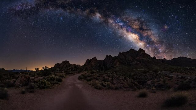 Stunning Milky Way galaxy arching over desert landscape with rocky mountains and starry night sky
