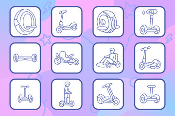 Personal transport set icon. Linear icons with unicycle, scooter, mono wheel, hoverboard, axle board, go kart, rider kart, electric scooter, segway, standing rider, mobility devices. © Кирилл Макаров