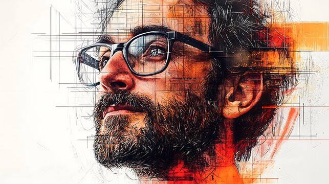 Close up portrait of a man with glasses beard and a stylized artistic rendering with abstract lines and color blocks