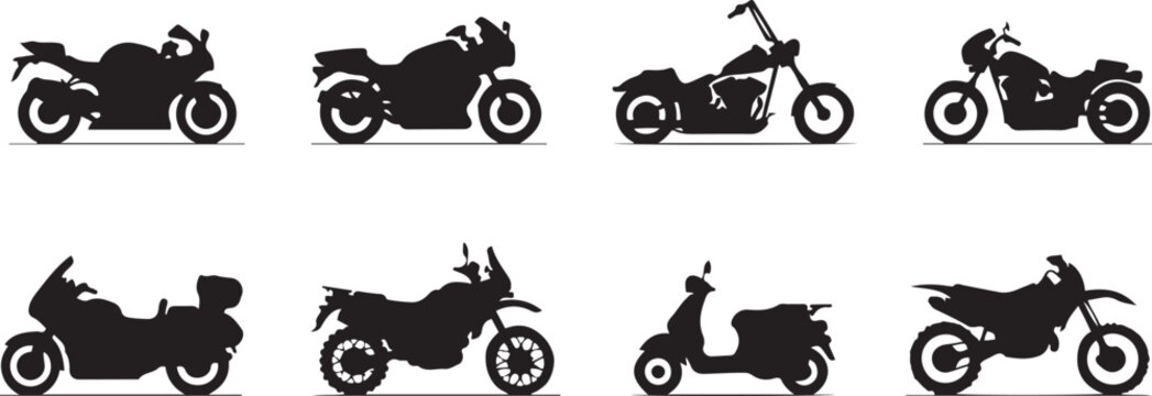 Motorcycle Type and Model Objects icons Set. Silhouette vector illustration