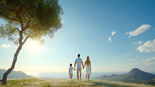 Family enjoying outdoor walk on grassy hilltop beneath bright blue sky with sun and clouds, mountain view in background