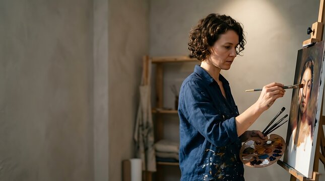 Female artist painting a portrait on canvas in her studio