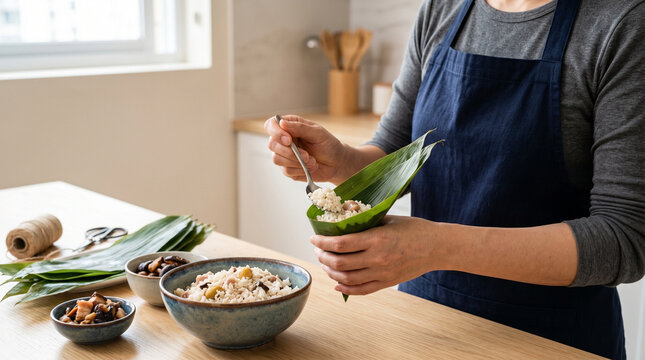 The zongzi making process. Making rice dumplings by hand in a home kitchen.
Concept: A homemade recipe, traditionally made rice dumplings.