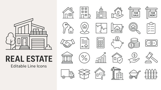 Real estate line icons set for property buying, selling, renting, mortgage, and home construction