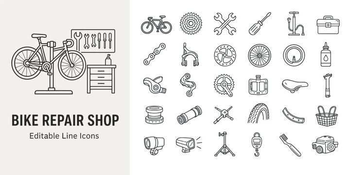 Bike repair shop line icons set with bicycle parts, maintenance tools, and workshop equipment