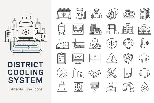 District cooling system line icons set representing HVAC, industrial refrigeration, energy efficiency, and urban climate control