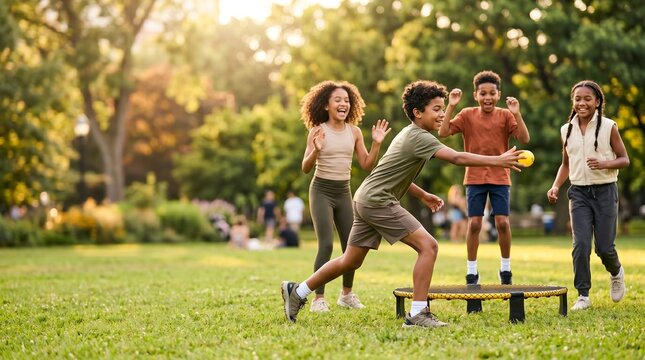 Joyful african american children playing roundnet with a ball in a sunny park. Kids enjoying outdoor teamwork, active recreation and summer fun during a friendly game in the grass.