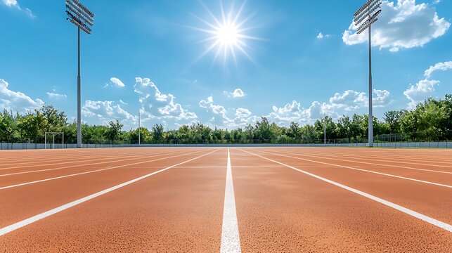 Bright Sunny Day Over Track and Field Stadium With Clear Sky and Tall Light Posts for Sports and Recreation