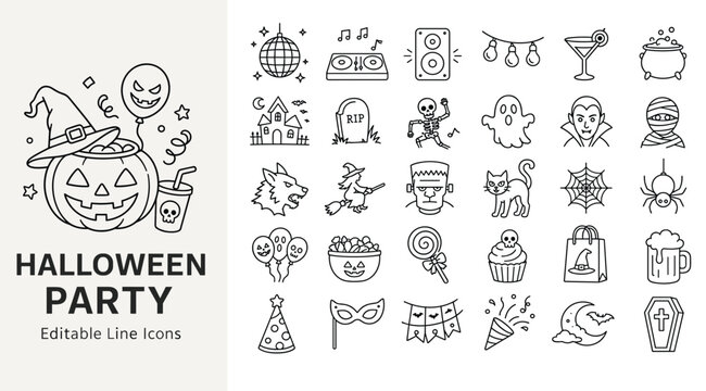 Halloween party line icons with spooky characters, pumpkin, ghost, witch, and festive decorations