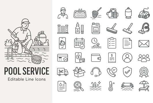 Pool service and maintenance line icons featuring swimming pool cleaning equipment, water pump, filter, chemicals, and business service symbols