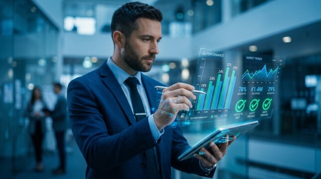 Businessman analyzing q4 performance data on a digital tablet in a modern office