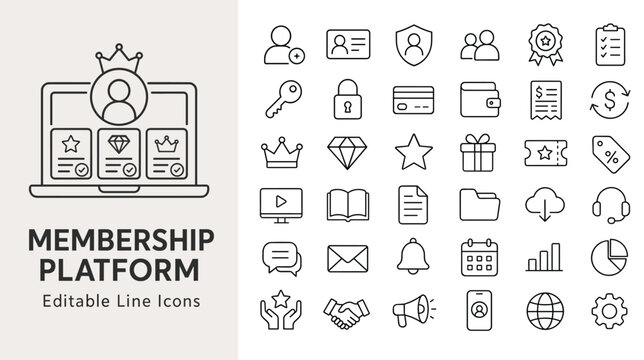 Membership platform line icons for subscription loyalty program user account and digital marketing