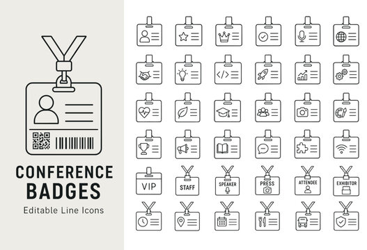 Conference badge and ID card line icons featuring event pass, lanyard, name tag, VIP, staff, speaker, press, attendee, and exhibitor symbols