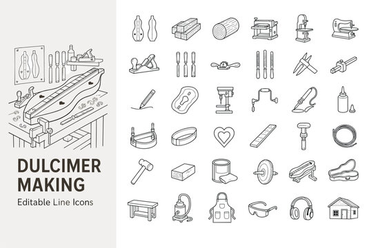 Luthier tools and dulcimer woodworking line icons for musical instrument construction and workshop equipment