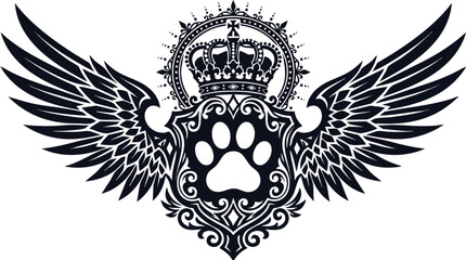 Fototapeta premium Paw print emblem with wings and royal crown heraldry majestic monochrome wildlife